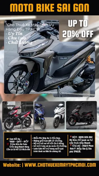 Cửa hàng cho thuê xe máy giá rẻ tại TP.HCM, trưng bày nhiều dòng xe số và xe ga.