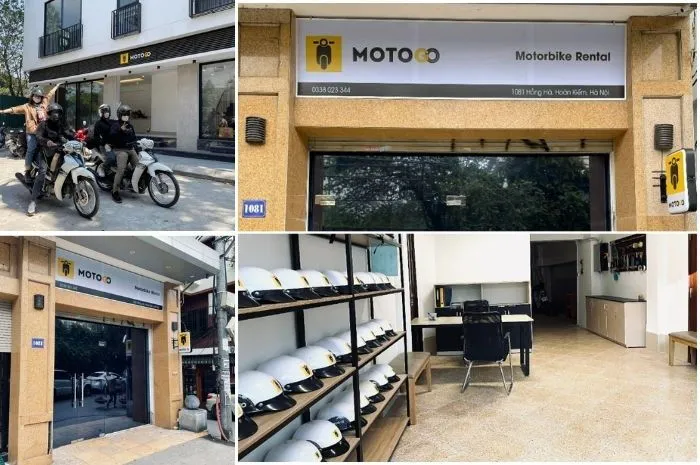 Dòng xe máy số và xe ga được sắp xếp ngay ngắn tại cửa hàng MotoGo ở Hà Nội