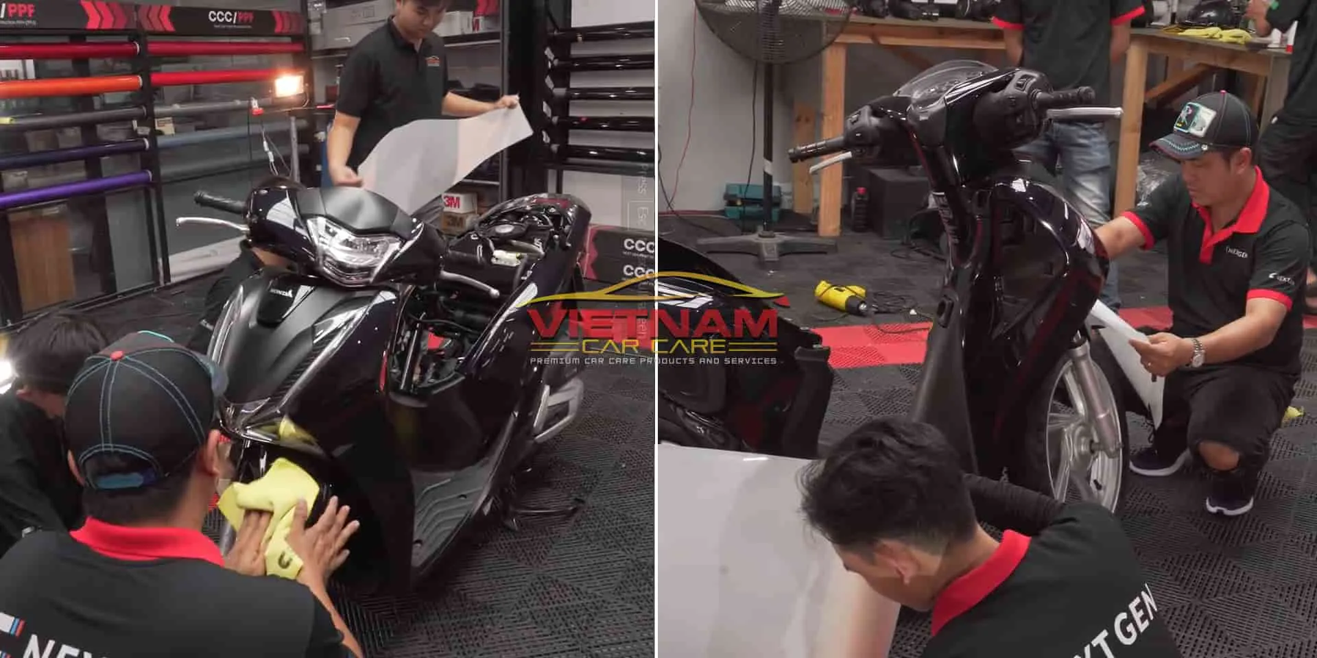 Kỹ thuật viên dán PPF xe máy đòi hỏi tay nghề cao để xử lý chi tiết nhỏ và bo góc phức tạp