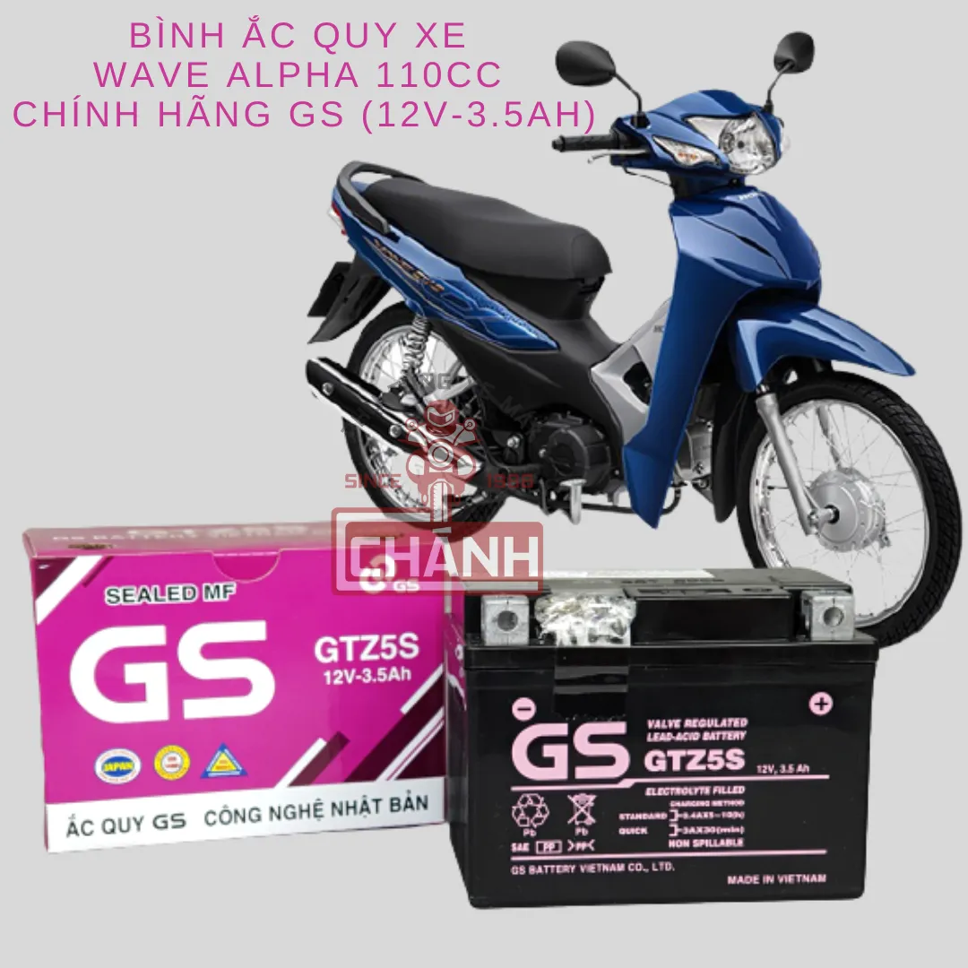 Bình ắc quy khô GS GTZ5S 12V-3.5Ah tiêu chuẩn cho Honda Wave Alpha và RSX