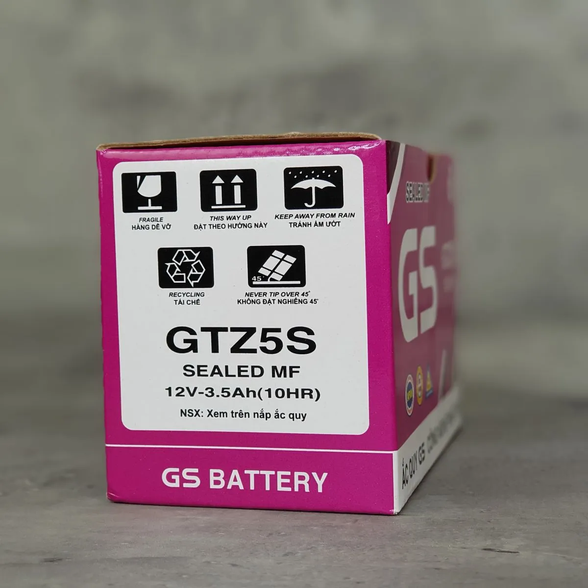 Mặt sau của ắc quy GS GTZ5S, hiển thị nơi sản xuất và cảnh báo an toàn