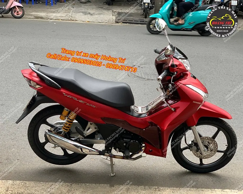 Toàn cảnh bộ chân chống nghiêng và chân chống đứng inox lắp đặt hoàn thiện trên xe wave 125i thái lan