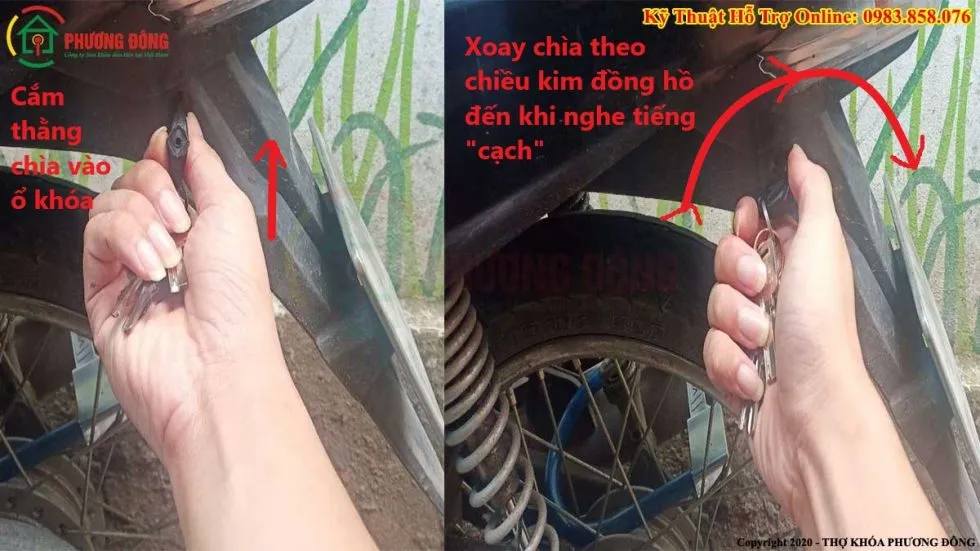 Thao tác vặn chìa khóa cốp xe Wave theo chiều kim đồng hồ để thực hiện cách mở cốp