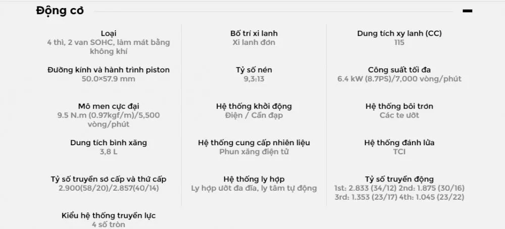 Bảng thông số kỹ thuật chi tiết 1 của Yamaha Sirius 2018