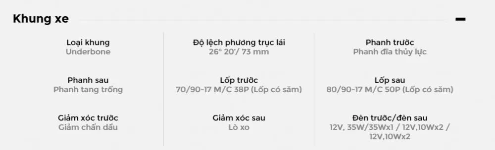 Bảng thông số kỹ thuật chi tiết 2 của Yamaha Sirius 2018