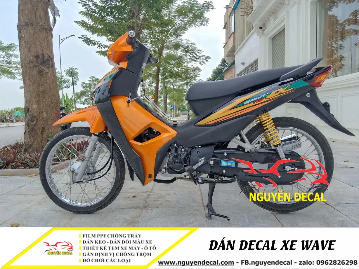 xe Wave 110 Alpha đen cam nổi bật phong cách tem đấu