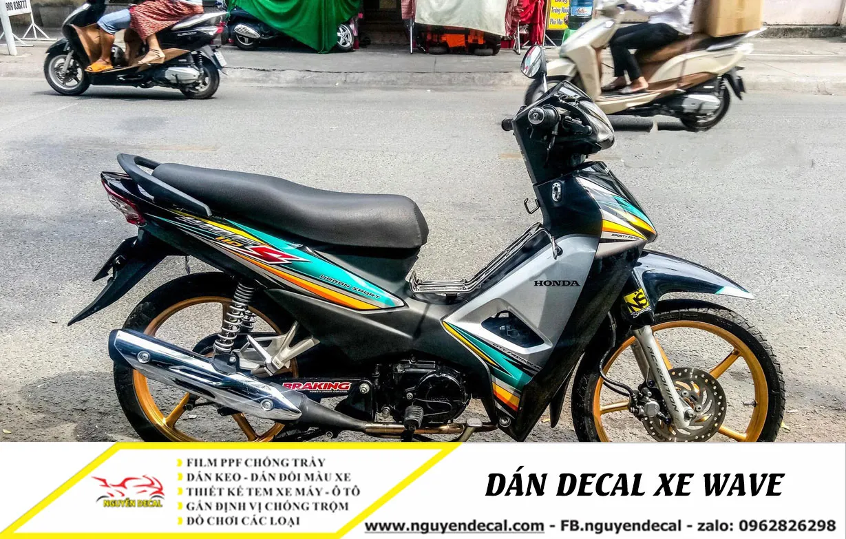 xe Wave 110 đen xanh ngọc dán decal bảo vệ