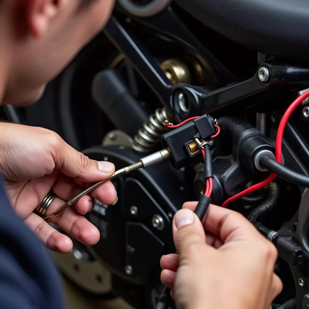 Kỹ thuật viên kiểm tra và bảo dưỡng bộ dây điện xe máy Wave Alpha tại xưởng sửa chữa chuyên nghiệp