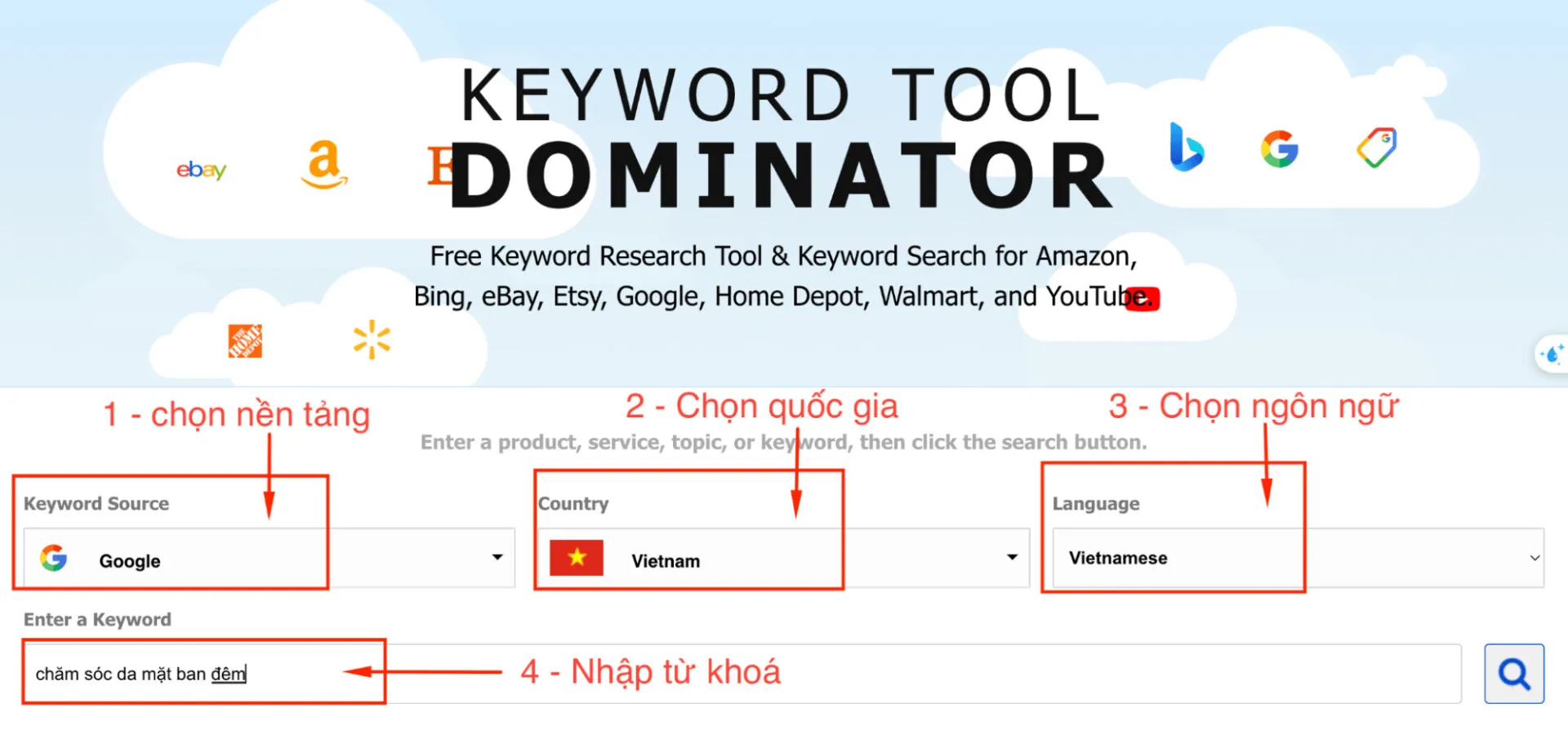 Nhập từ khoá và bắt đầu nghiên cứu với Keyword Tool Dominator