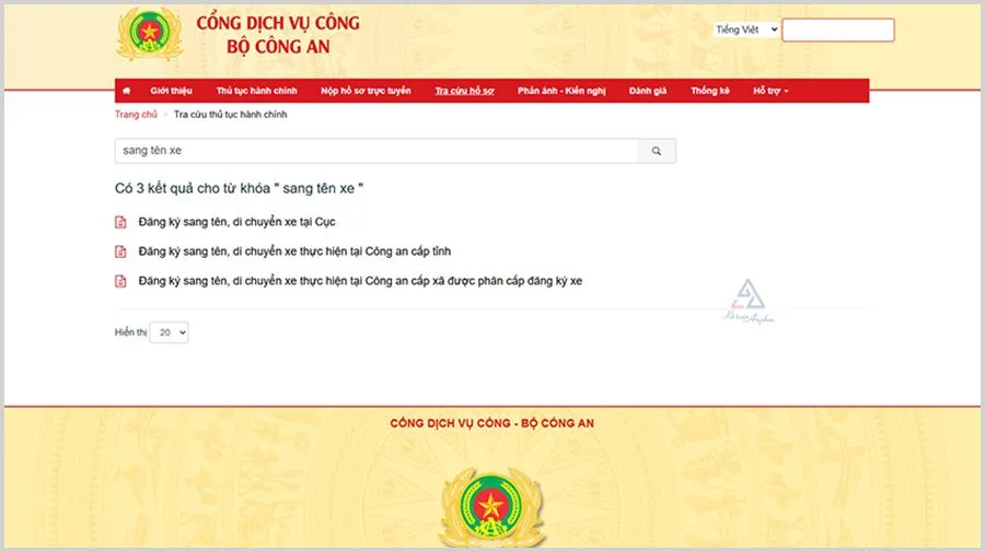 Giao diện trang chủ Cổng dịch vụ công, nơi người bán tìm kiếm từ khóa "sang tên xe" để bắt đầu quy trình chuyển quyền sở hữu