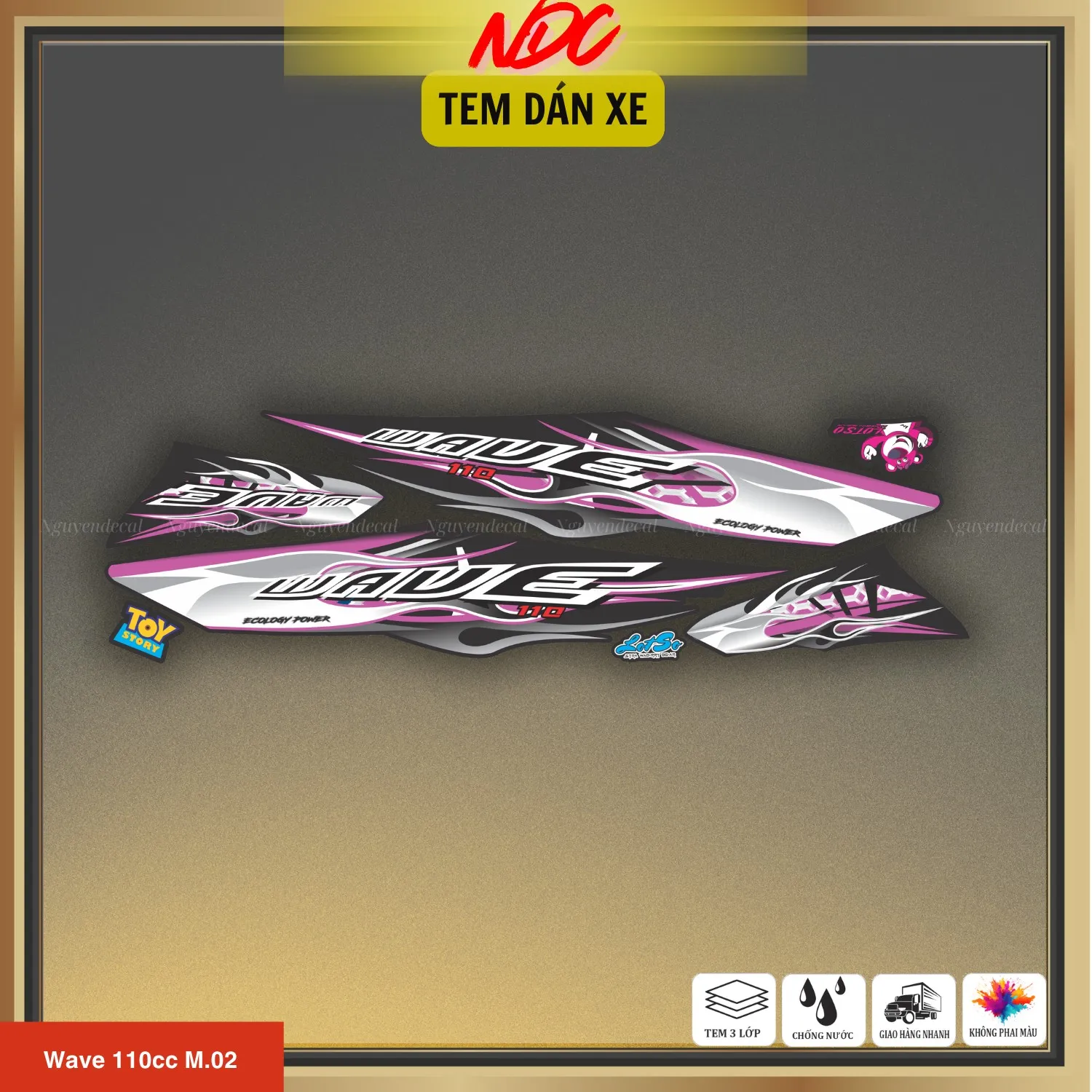 Góc nhìn tổng thể bộ tem rời ngọn lửa trên xe Wave