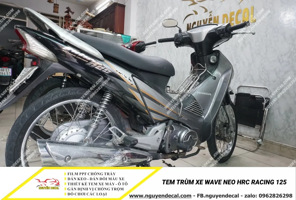 Tem trùm decal HRC Racing 125 dán cho xe Wave NEO, thể hiện phong cách thể thao