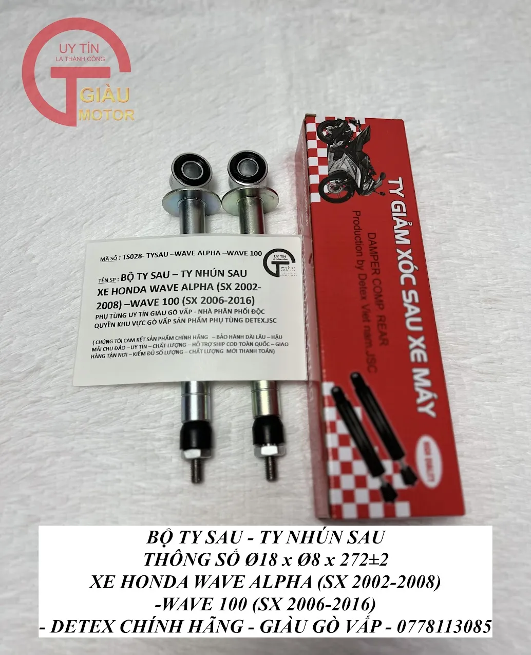 Tem nhãn và tem bảo hành chính hãng của ty giảm xóc sau xe Wave Detex.JSC