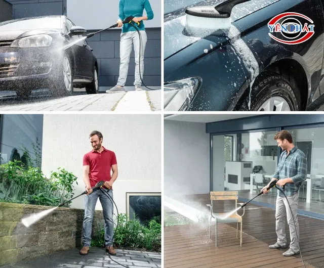 Máy rửa xe mini giá rẻ có ứng dụng đa dạng, dễ dàng thay đổi kiểu phun để tưới cây hoặc rửa sân vườn