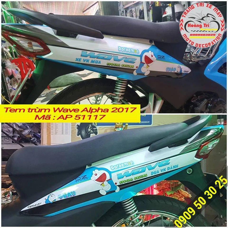 Cận cảnh chi tiết phần thân xe Wave Alpha 2017 dán tem trùm, chú trọng đường nét tem