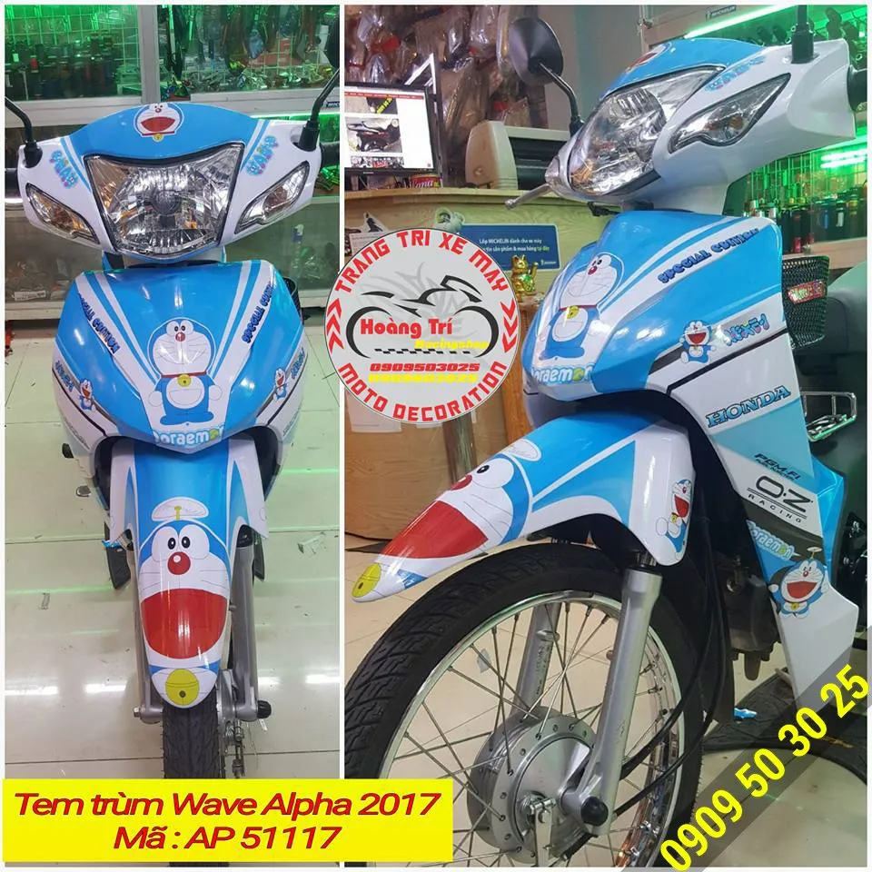 Chiếc xe Wave Alpha 2017 được bao phủ bởi các họa tiết Doremon từ đầu đến cuối