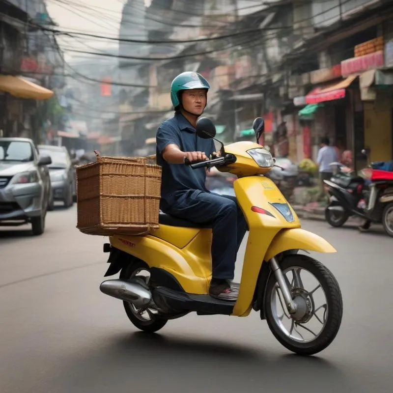 Xe Benly 50cc màu trắng trang bị giá đỡ hàng lớn, minh họa tính năng chuyên chở của mẫu xe 50cc.