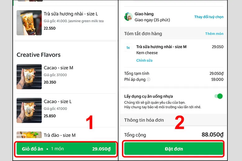 Xác nhận giỏ đồ ăn và tiến hành đặt đơn GrabFood