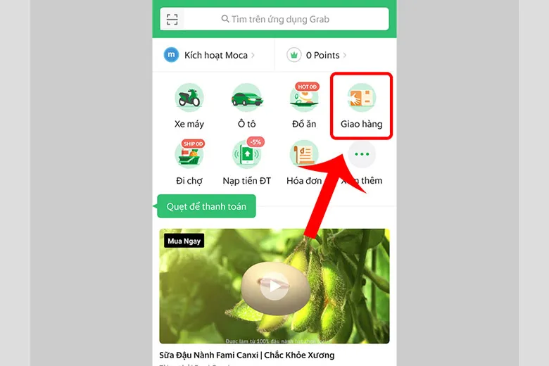 Chọn dịch vụ GrabExpress (Giao hàng) trên giao diện chính của Grab