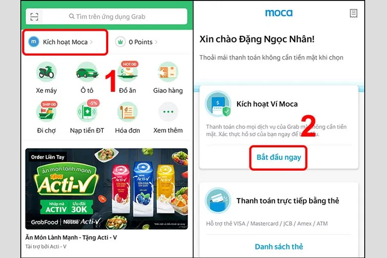Kích hoạt ví điện tử Moca để thanh toán các chuyến xe Grab