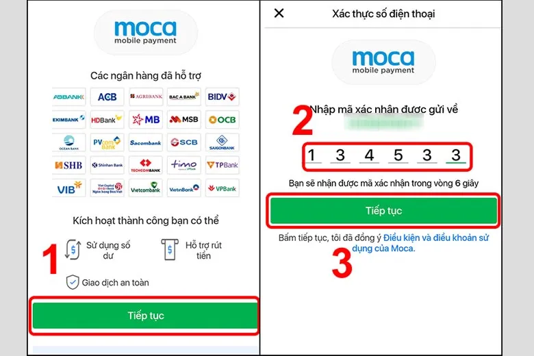 Nhận và nhập mã xác thực để liên kết thẻ ngân hàng với ví Moca Grab