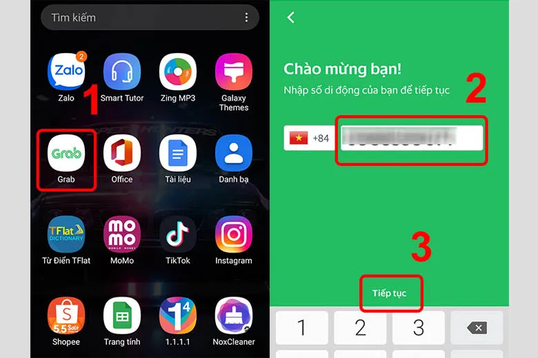Màn hình nhập số điện thoại để đăng ký hoặc đăng nhập tài khoản Grab