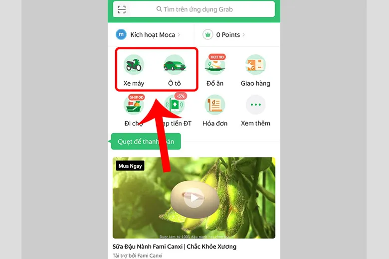 Các tùy chọn phương tiện đặt xe máy và xe ô tô trên ứng dụng Grab