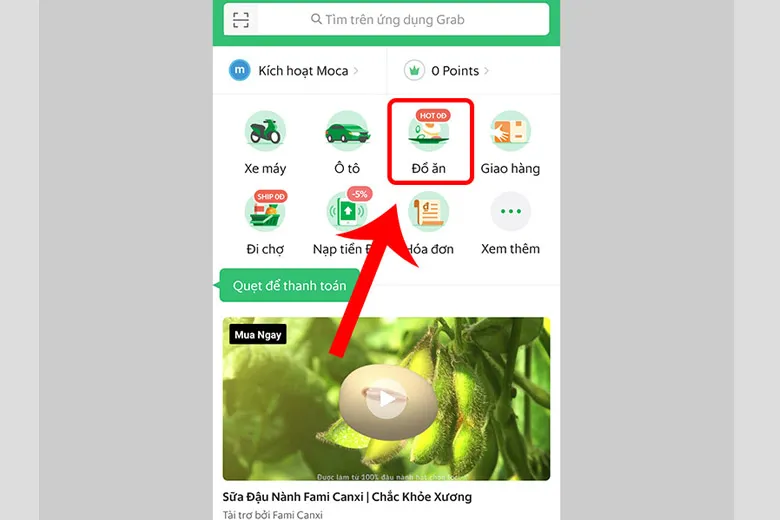 Màn hình chính của Grab, chọn mục đặt GrabFood để tìm kiếm đồ ăn