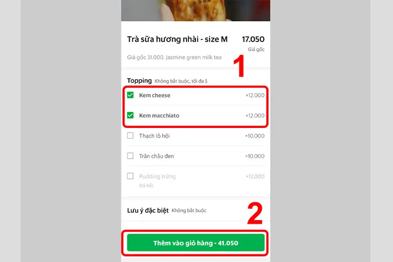 Chọn thêm topping và tùy chỉnh món ăn trước khi thêm vào giỏ hàng GrabFood