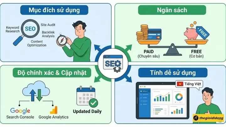 Tiêu Chí Lựa Chọn Phần Mềm Seo Phù Hợp minh họa sự lựa chọn giữa các yếu tố