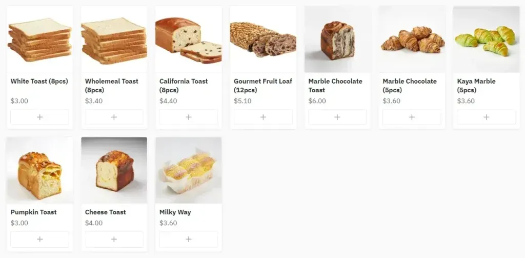 Bánh mì nướng White Toast, Wholemeal Toast và các loại Gourmet Fruit Loaf trong breadtalk singapore menu