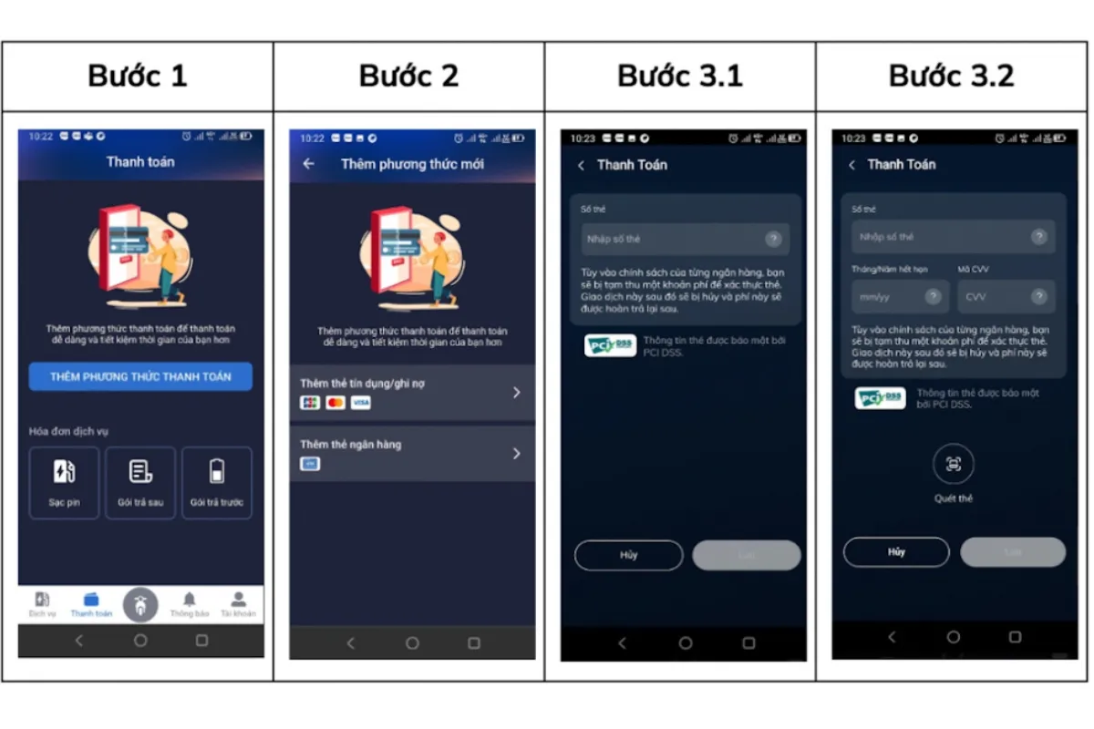 Hướng dẫn minh họa các bước thiết lập phương thức thanh toán trên ứng dụng VinFast E-Scooter