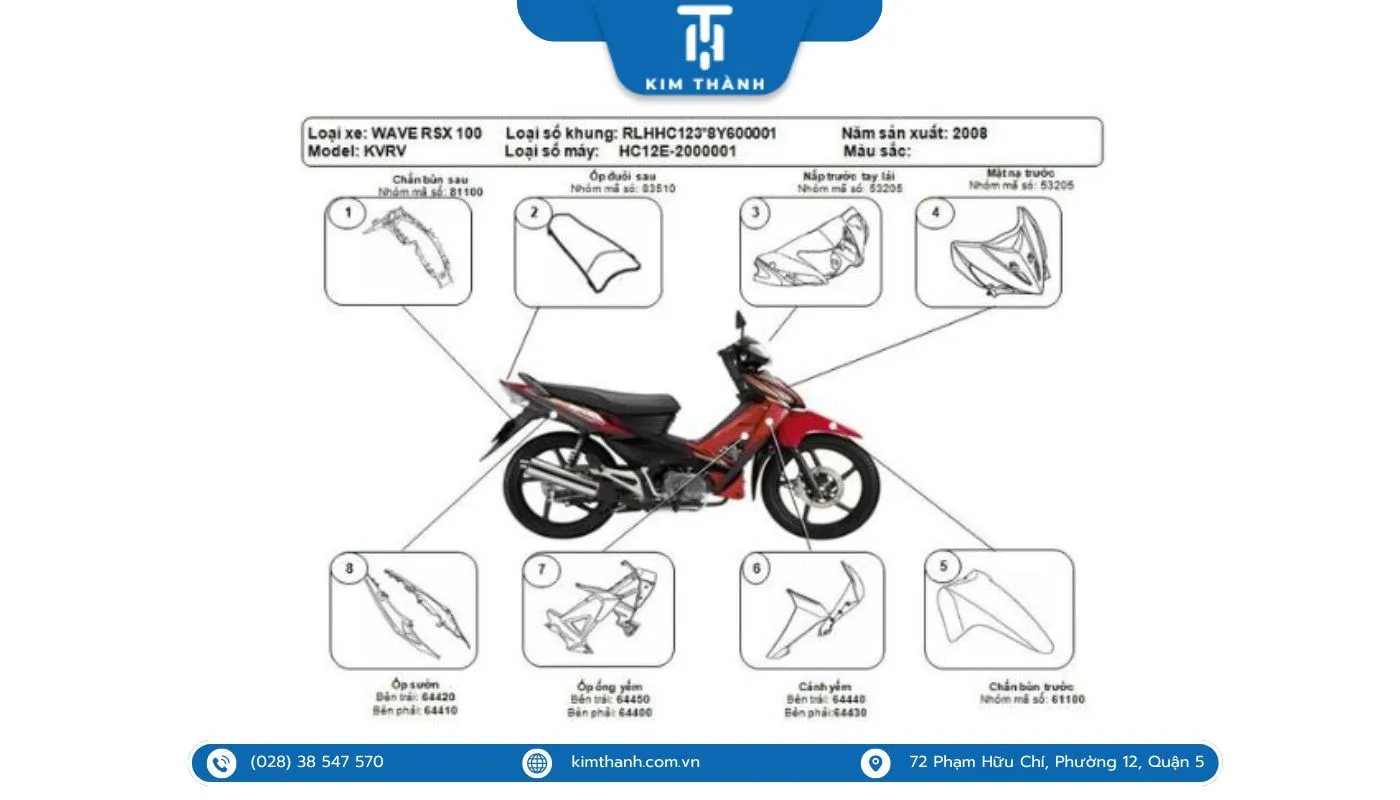 Các chi tiết của bộ dàn áo xe Wave RSX 110 chính hãng Honda, làm căn cứ cho việc thay áo xe wave