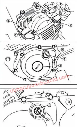 Cách chỉnh cò xupap chi tiết, cho thấy vị trí vạch T trên vô lăng và lốc máy