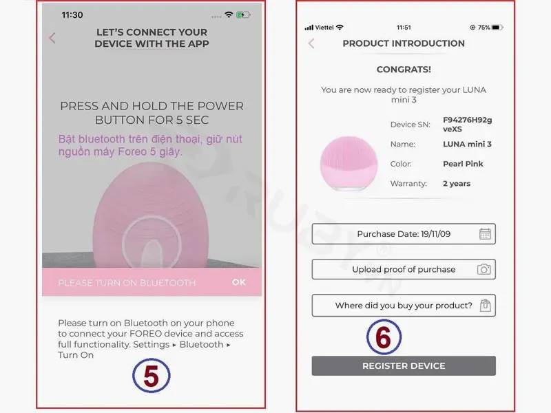 cách sử dụng máy rửa mặt foreo luna mini 3: Kết nối thiết bị và đăng ký bảo hành