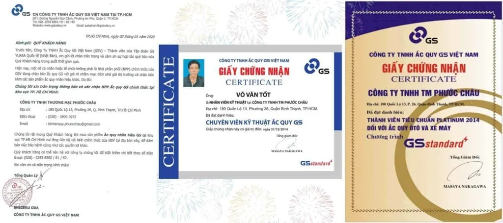 Giấy chứng nhận Phân phối Chính thức Bình Ắc Quy Khô GS GT6A 12V-6AH