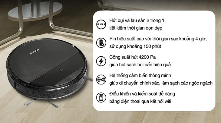 Robot Hút Bụi Samsung VR05R5050WK/SV thiết kế gọn nhẹ, màu đen sang trọng
