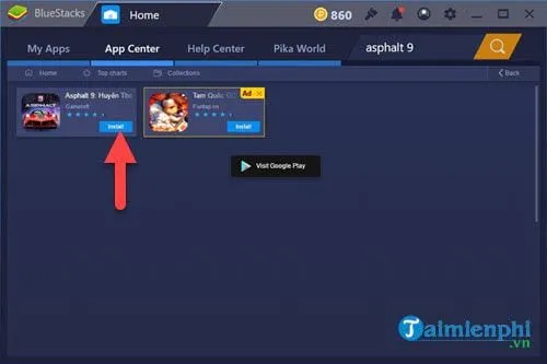 Kết quả tìm kiếm và chọn Asphalt 9 Legends trong Google Play Store
