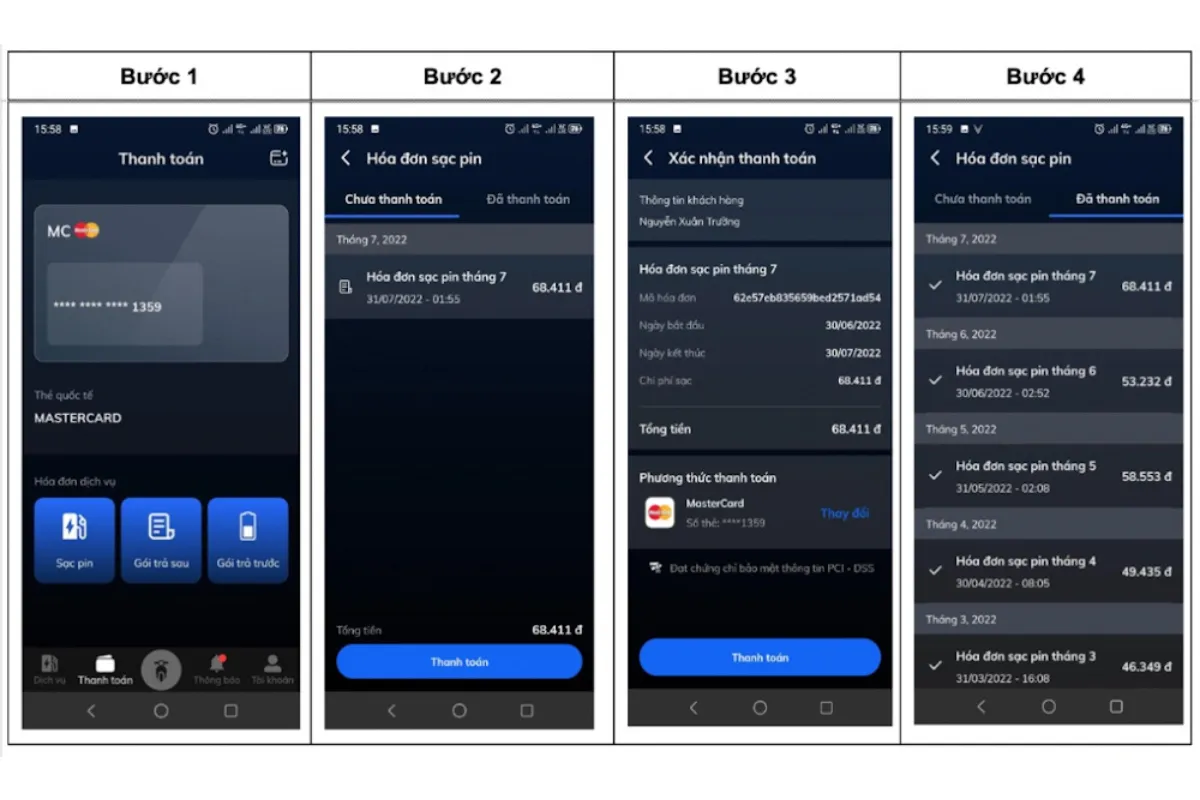 Giao diện hiển thị hóa đơn thuê và cách sạc pin xe máy điện Vinfast đã được thanh toán