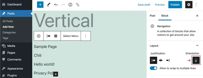 Tùy chọn thay đổi hướng menu sang dạng dọc (Vertical Orientation) trong Block Editor WordPress