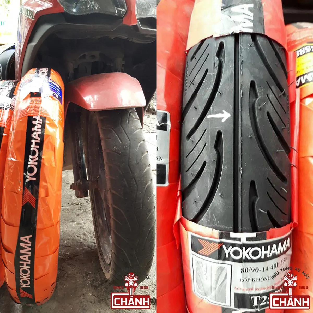 So sánh rãnh gai giữa của vỏ bánh trước bị cạn (trái) so với vỏ gai mới rất sâu (phải)