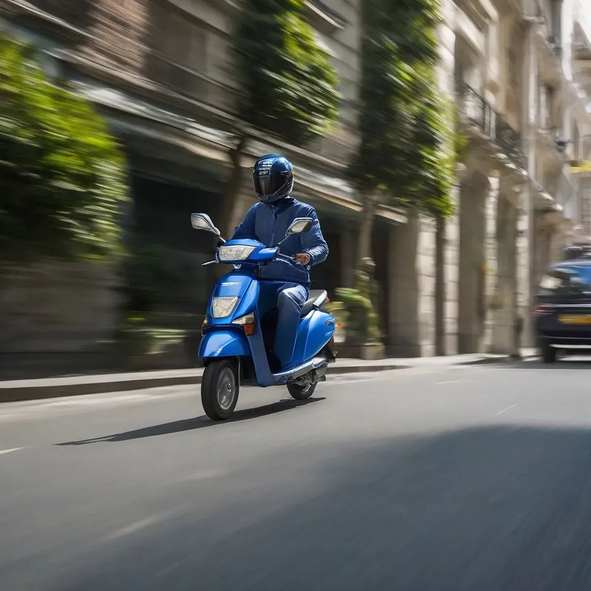 Xe Honda SCR 110 cũ màu xanh đang di chuyển trên đường phố