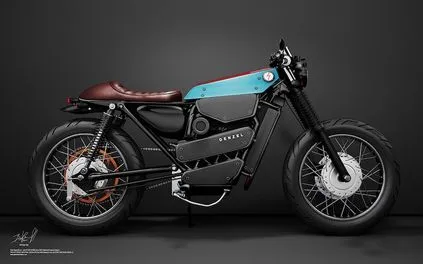 Góc nhìn từ phía sau của chiếc xe máy phong cách cafe racer điện do Denzel sản xuất