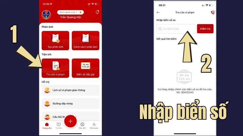 Các bước truy cập tính năng tra cứu vi phạm trên ứng dụng VNeTraffic