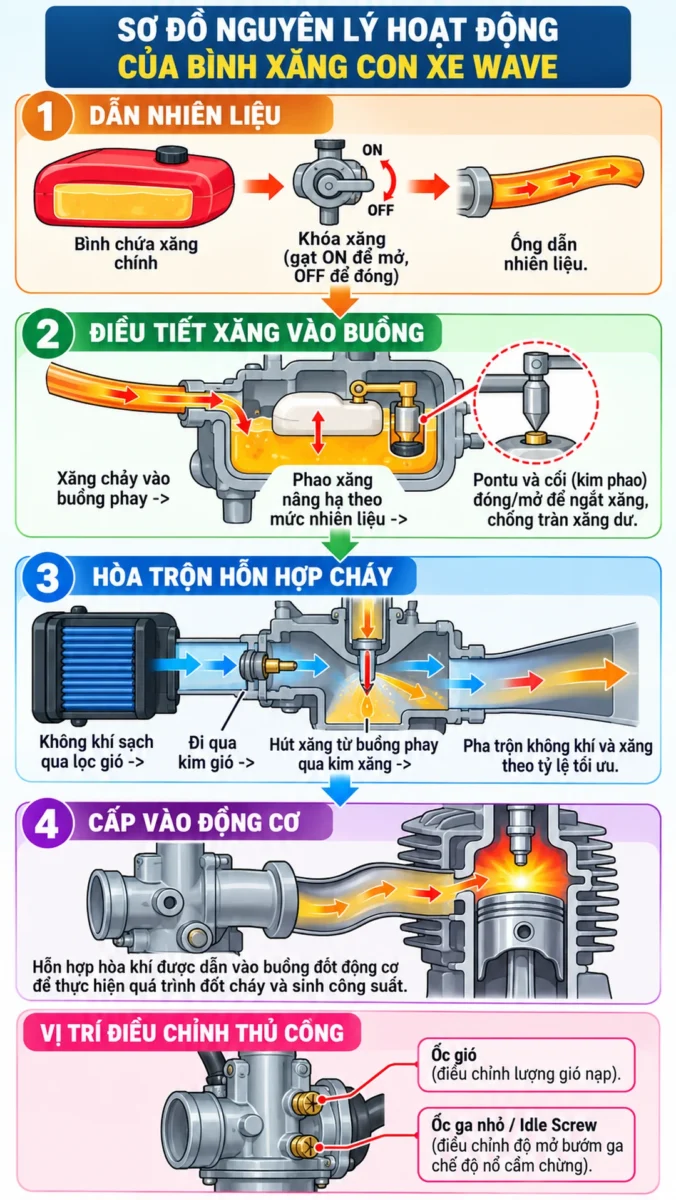 Bình xăng con xe Wave hoạt động thế nào để xe vận hành êm ái? 11 bình xăng con xe Wave hoạt động thế nào