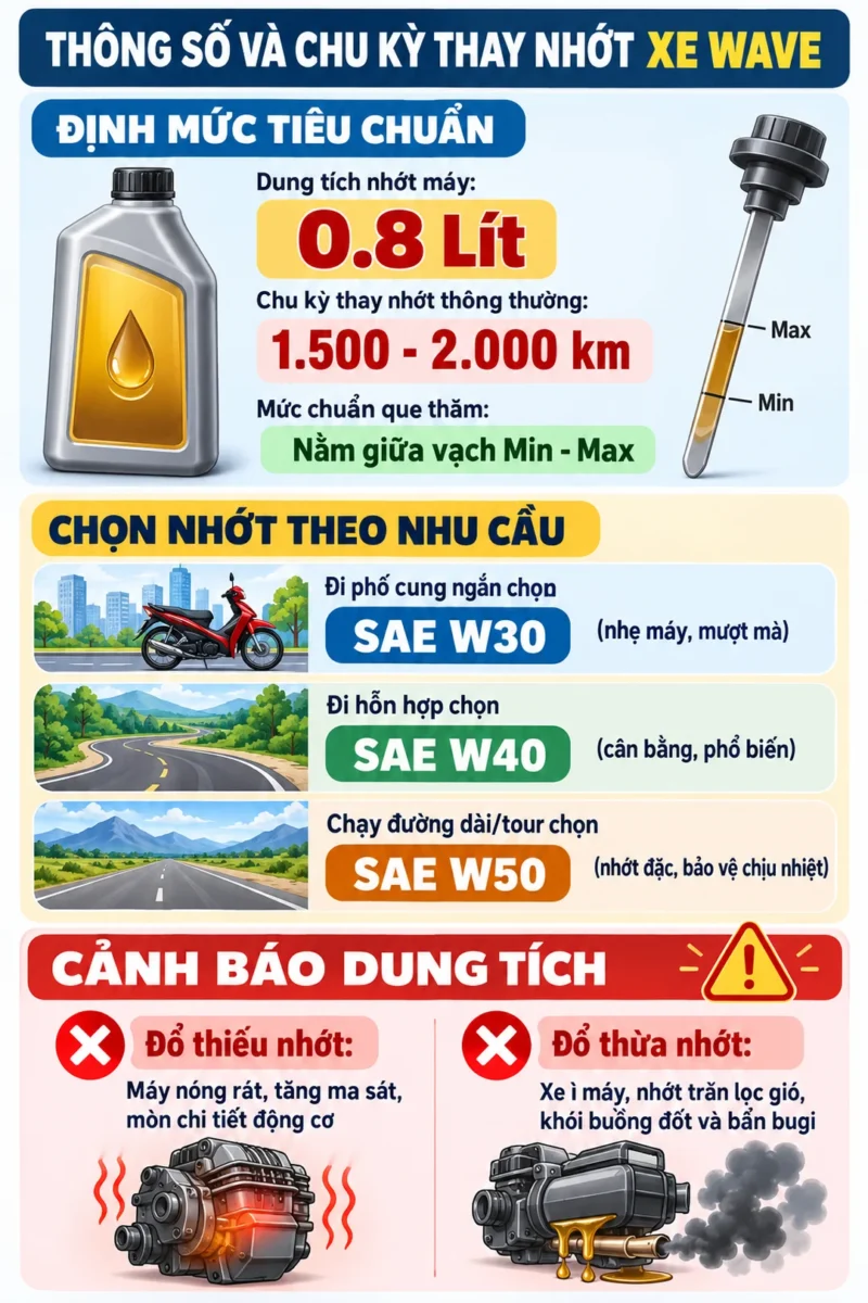 Hướng dẫn chọn dung tích nhớt xe Wave và cách thay chuẩn 3 dung tích nhớt xe Wave