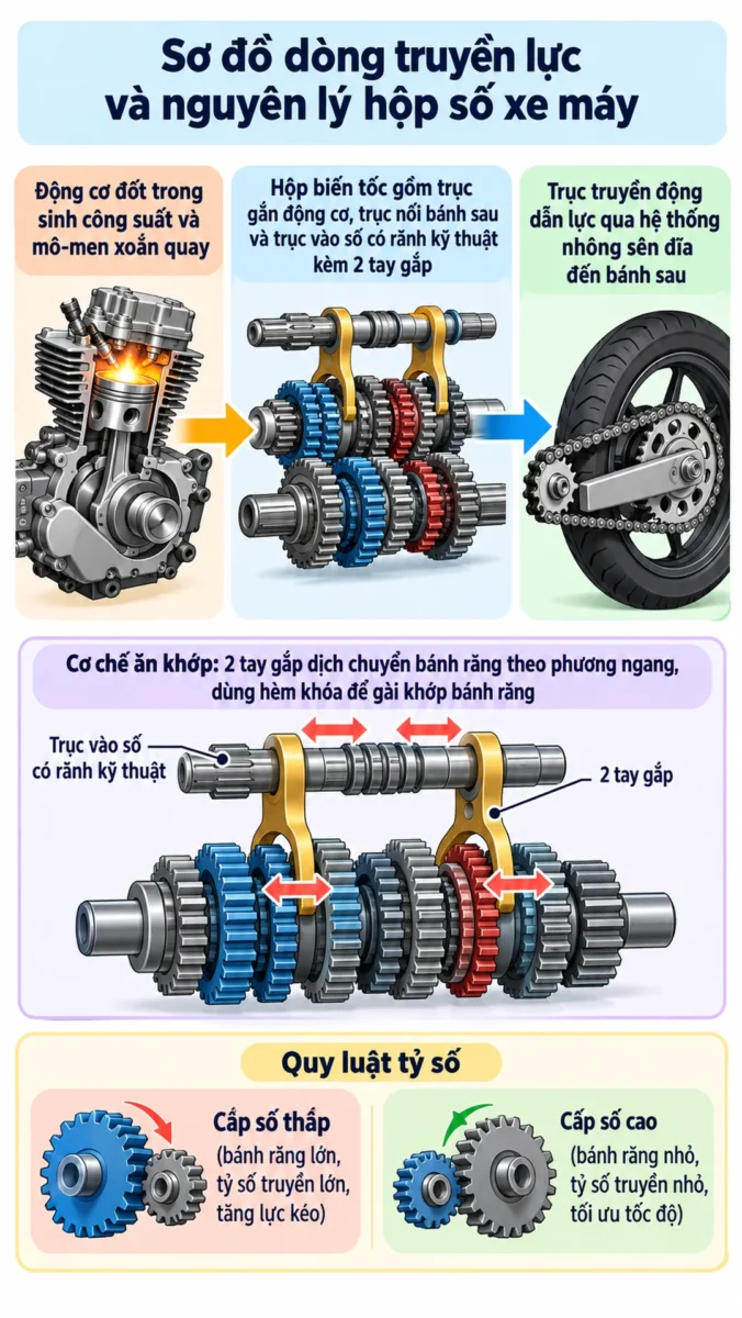 Hộp số xe Wave hoạt động thế nào: Cơ chế sang số tròn 4 cấp 3 hộp số xe Wave hoạt động thế nào