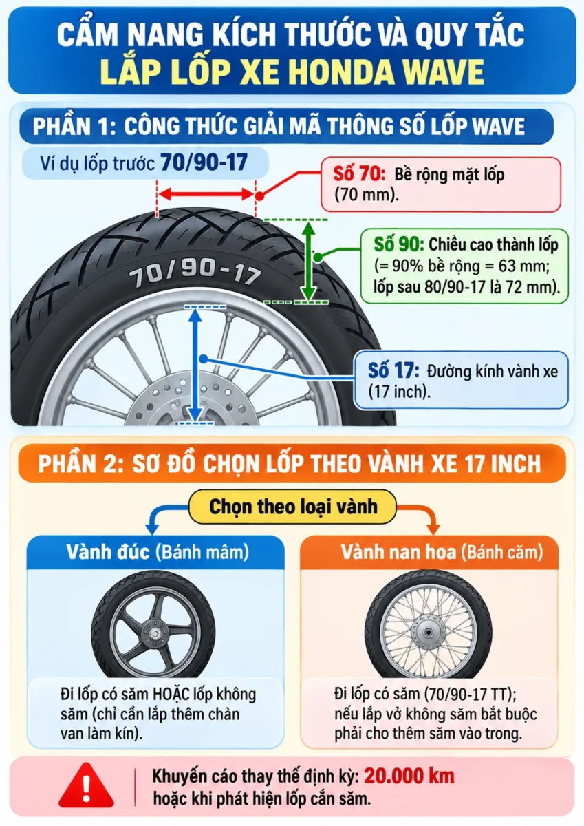 Kích thước lốp xe Wave là bao nhiêu và nên chọn loại nào? 4 kích thước lốp xe Wave