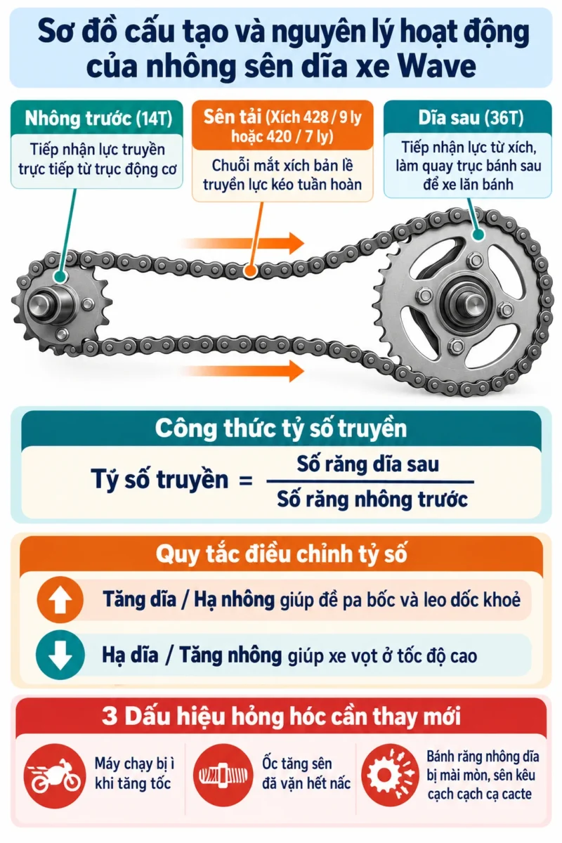Hệ thống nhông sên dĩa Wave hoạt động thế nào khi xe lăn bánh? 6 nhông sên dĩa Wave hoạt động thế nào